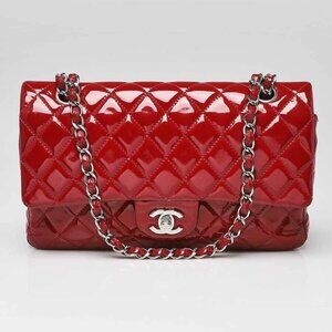 Chanel Red Quilted Patent Leather Classic Medium Double Flap Bag
